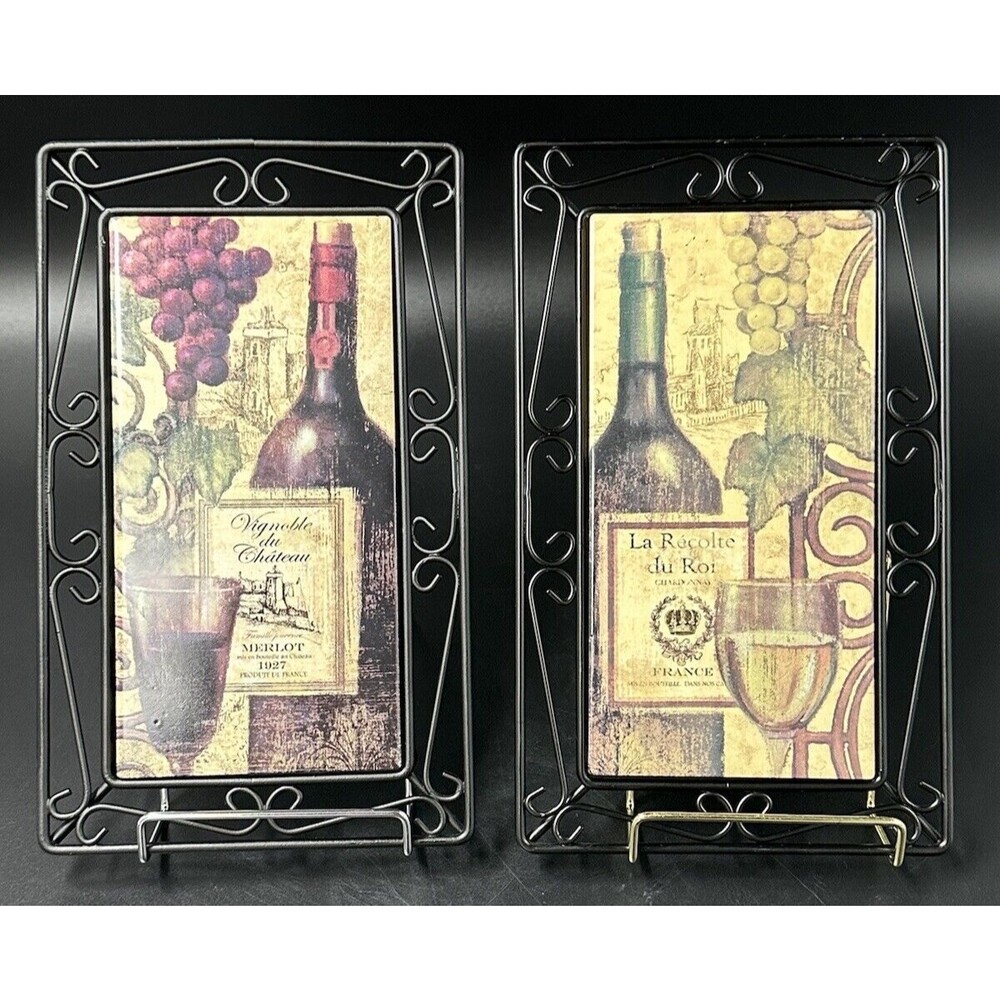 Wine Wall Hangings with Ceramic Tiles and Black Iron Trim Merlot and French 2